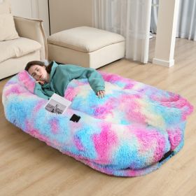 Oversized Human Dog Bed For Adults & Pets, 71 In X45 In X 12 In Ultra Soft Faux Fur Lounger, Washable Floor Bed With Orthopedic Support, Pillow & (Option: Rainbow)